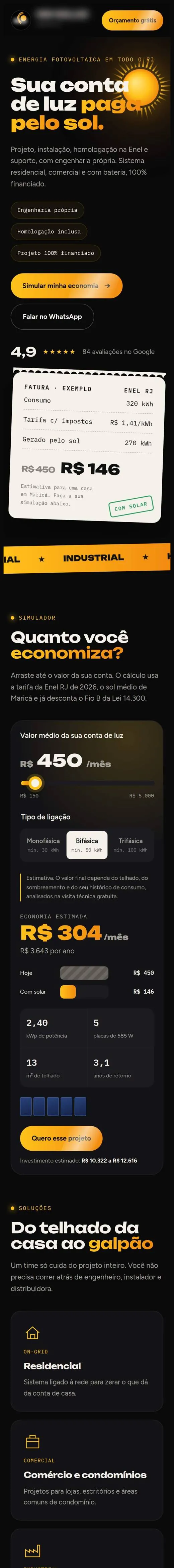 Site de empresa de energia solar feito pela NIVI, versão celular