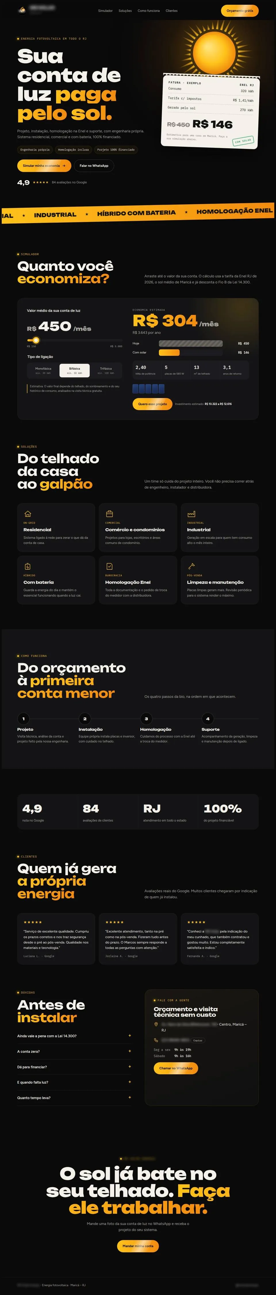 Página completa do site da empresa de energia solar, versão computador